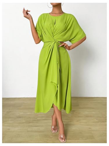 Image of Floerns Women's Twist Front Wrap Long Dress Crew Neck Dolman Short Sleeve Maxi Dress
