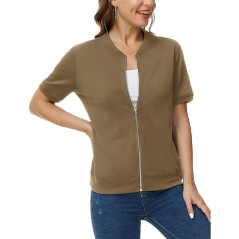 KANCY KOLE Womens Loose Zip Up Hoodie Short Sleeve Thin Jacket Full Zip Sweatshirt with Pockets(Khaki,S) Cover