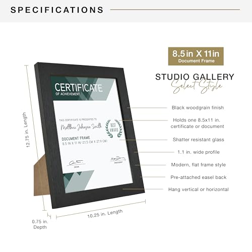 MCS Studio Gallery 8.5x11 Picture Frame Black Woodgrain, Rectangle Photo Frame for Photos, Posters & Art Prints & Easel for Tapletop Display (1-Pack)
