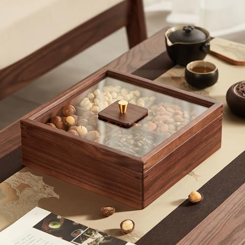 Wooden Serving Tray with Lid, 4 Compartment Snack Box Container,
