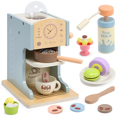 Aimafun Toy Coffee Maker for Kids, Wooden Kids Coffee Playset with Play Kitchen Accessories and Toy Dessert, Coffee Shop Playset Wooden Toys for Toddlers Girls Boys