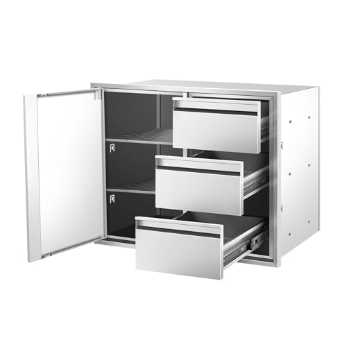 Karpevta Outdoor Kitchen Drawer Combo 27.8''W x 21.7''H x 19.4''D, Multi-Layer Design Access Door &Triple Drawers Combo Stainless Steel with Partition Perfect for Outdoor Kitchen BBQ Island