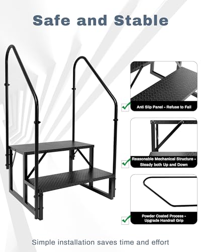Image of 2 Step RV Steps with 2 Handrails, Outdoor RV Stairs with Anti-Slip Pedals