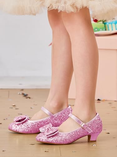 Image of Haloumoning Girls Dress Shoes Mary Jane Heels Flower Girl Shoes Bow Glitter Princess Wedding Party Pump Shoes