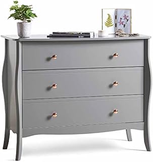 BTFY Grey Chest of Drawers - Wide 3 Drawer Dresser - Baroque Bedroom Drawers - Vintage Style Clothes Cabinet for Bedroom w/Curved Legs & Rose Gold Handles - Clothing Storage - 50kg Weight Capacity