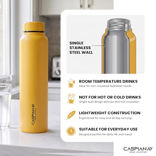 Image of CASPIAN / / / Astra Stainless Steel Water Bottle 1 litre (1000 ml) | Single Wall, Leakproof & BPA-Free | Reusable Metal Bottle for Fridge, Home, Office, Gym, School & Travel, Saffron, Pack of 1