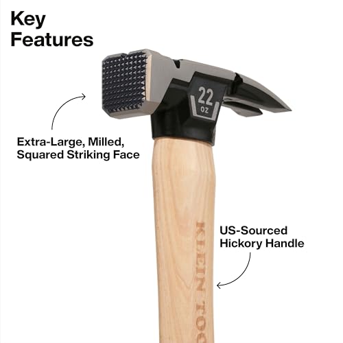 Image of Klein Tools H80922H Milled Face Framing Hammer with Straight Claw, 22-Ounce Forged Steel, Hickory Handle, California Framing Style, Magnetic Nail Starter, and Extra-Large Squared Strike Face