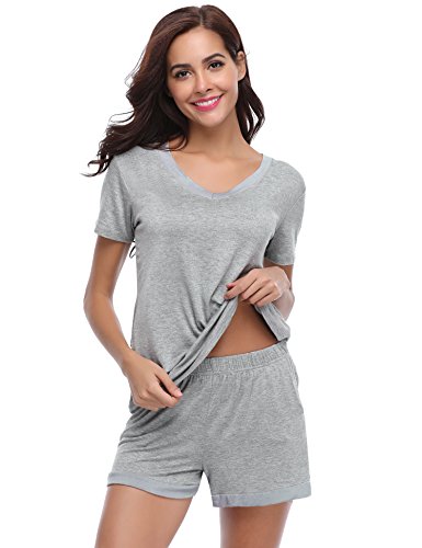 Aibrou Women's V Neck Short Sleeve Sleepwear Cotton Pajama Set, Gray, X-Large