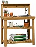 Outsunny Outdoor Potting Bench Table with Faucet, Removable Sink, Hooks and Storage Shelves, Wood Work Bench Workstation for Greenhouse, Garden, Patio