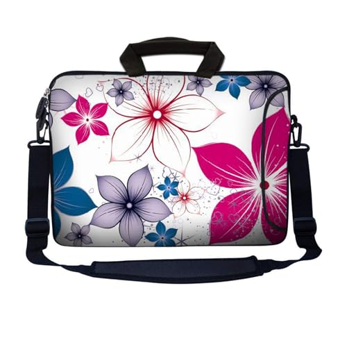 LSS 17 17.3 inch Laptop Sleeve Bag Compatible with Acer, Asus, Dell, HP, Sony, MacBook and More | Carrying Case Pouch w/Handle & Adjustable Shoulder Strap,White Pink Blue Flower Leaves