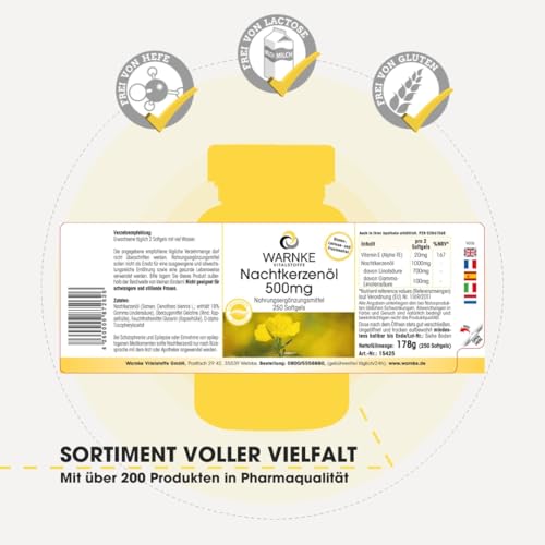 Nachtkerzenöl 500mg - 250 Softgel - Kaltgepresst - Linolsäure - Gamma-Linolensäure - natürliches Vitamin E - Großpackung | Warnke Vitalstoffe - Deutsche Apothekenqualität