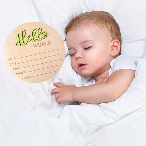 Image of Baby Announcement Sign, 5.9 Inch Wooden Hello World Newborn Signs, Birth Announcement Sign, Baby Shower Hospital Nursery for Newborn Boys and Girls (Wilderness Green)