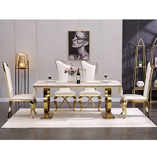 Acedécor Modern Dining Room Table With Gold Stainless Steel Metal U-Base In White Gold #TOP5