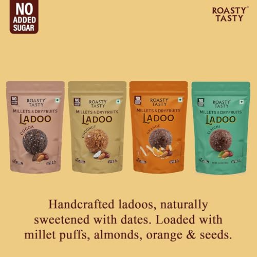 Image of Roasty Tasty Sugar Free Assorted Pack of Millet & Dryfruit Ladoo - 4 Flavours - 120g each - Orange, Cocoa, Coconut, Elaichi - 480g