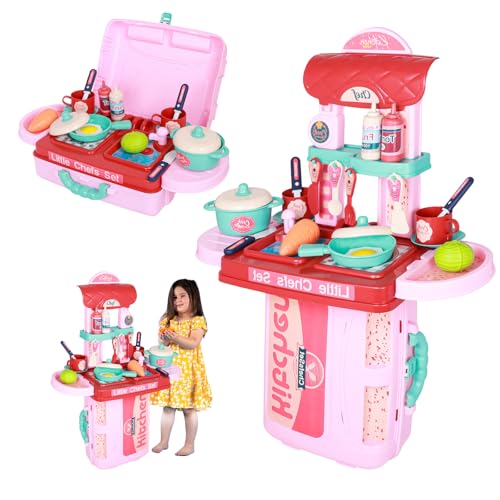 Image of PUREjoy 3in1 Plastic Pretend Play Portable 28 pcs Kitchen Set for Girls and Boys
