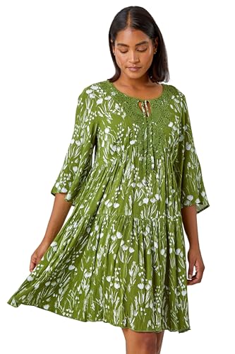 Roman Originals Smock Dress for Women UK Ladies Cotton Summer Embroidered Frilled Tiered Casual Beach Cruise Holiday Cocktail Party 3/4 Sleeve Pull On Gathered Skirt - Khaki - Size 10
