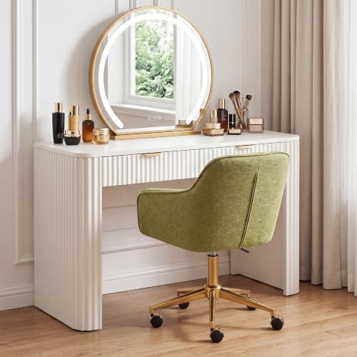 Image of Zesthouse Vanity Chair with Wheels for Girl Women, Swivel Office Desk Chair | Green Chenille Rolling Office Chair with Arms & Gold Base, Upholstered Fabric Desk Chair for Bedroom, Height Adjustable Chair