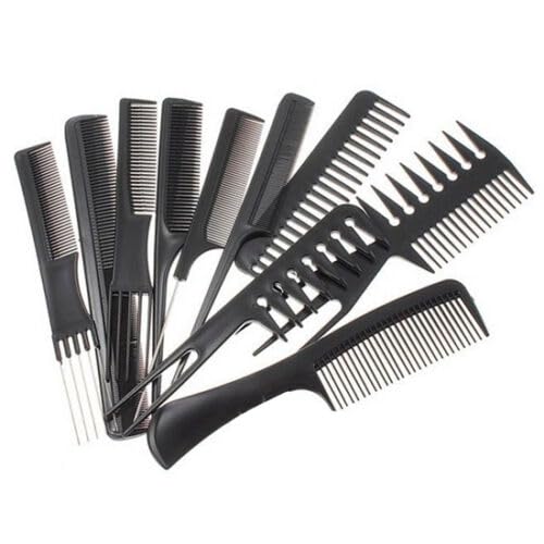 10Pcs Black Hair Styling Hairdressing Plastic Barbers Brush Combs Set