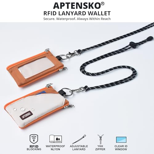 Image of RFID Blocking Travel Wallet with Adjustable Lanyard, Small Nylon Zipper Pouch and Badge Holder for ID, Credit Cards, Cash, Keys, Commuters (Almond+Rust)