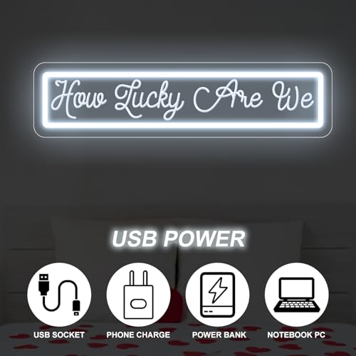 Image of How Lucky Are We Neon Sign, Romantic Anniversary LED Light, Home Bedroom Wall Decor,Valentine's Day Decor, Wedding Neon Wall Art, 16.5 inchx4.1 inch