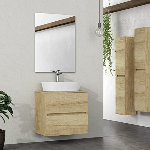 Baikal Onyx Badezimmerschrank, montiert, 2 Schubladen, Badezimmermöbel mit Waschbecken, Wandschrank, Keramikwaschbecken, ohne Spiegel, 60 cm Nature