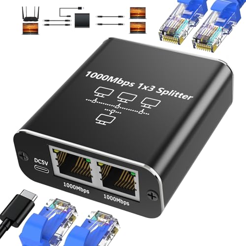 Oblinple LAN Splitter 1 auf 3, 1000Mbps RJ45 Netzwerk Switch, Gigabit Ethernet Verteiler 3 Port Mit USB Stromkabel, Internet Adapter für Computer, Hub, Router, ADSL, Set-Top Box, Digital TV, et