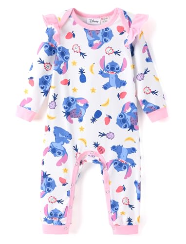 Disney Stitch Princess Cinderella Ariel Minnie Winnie Baby Girls Ruffle Long Sleeve Romper Bodysuit for Newborn to Toddler