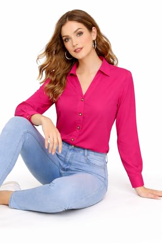 Image of MIZAGO Women's Classic Fit White V-Neck Full Sleeves Rayon Shirt
