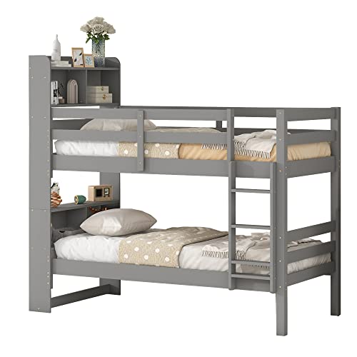Deinppa Twin Over Twin Bunk Bed With Bookcase Headboard, Solid Wood Bunk Bed Frame With Shelf,Bunk Bed Can Be Separated Into 2 Freestanding Bed, No Box Spring Needed, For Kids Child Teens Boys Girls #TOP5