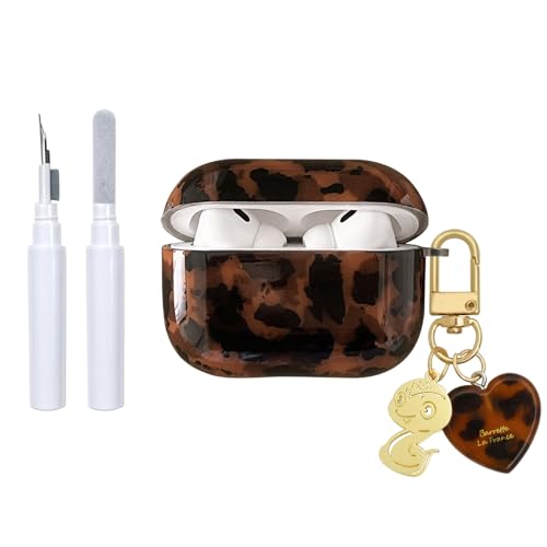 Reownest Compatible avec Coque AirPods Pro/Pro 2 avec Kit Nettoyage, Mignon Noir Brun Imprimé Léopard Amber Tortue Pattern Aesthetic Design, Antichoc Amour Porte - Clés Couvercle Soft Etui - Noir