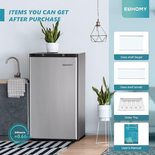 EUHOMY 3.2 Cu.Ft Mini Fridge with Freezer, Single Door Compact Refrigerator, Energy Saving, Mini Refrigerator Adjustable Thermostat, Mini fridge for Bedroom, Dorm, Office, Silver on Fridge.com