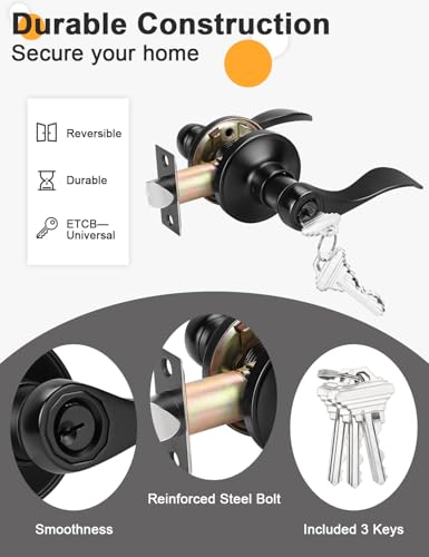 Image of Gobrico Keyed-Alike 2 Pack Door Levers, Matte Black Door Handles with Lock and Key, Wave Style Knob Exterior Entry Door
