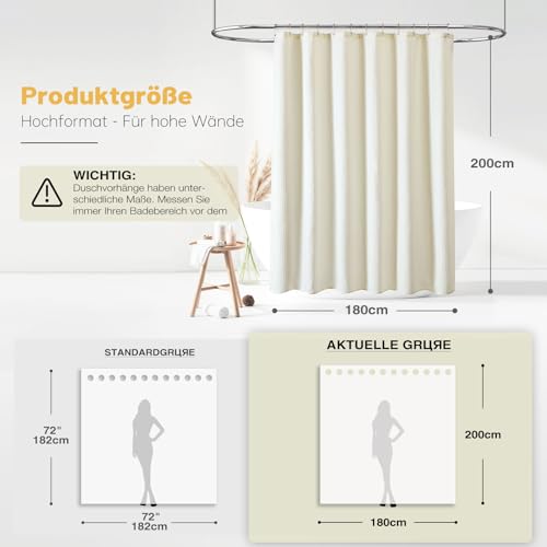 BTTN Duschvorhang Waffel 180x200 cm, Anti-Schimmel, Schwerer, innen mit wasserdichter Folie beschichtet, mit 12 Plastikhaken, gewichteter Polyester-Duschvorhänge für Badezimmer, Creme/Beige