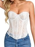 ChiaoLezhee Women's Floral Lace Sheer Mesh Strapless Corset Top White M