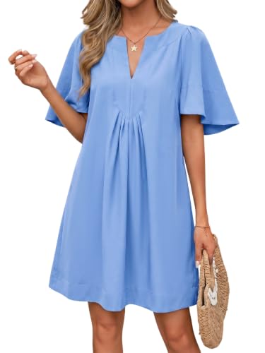 Image of Wenrine Womens Flutter Short Sleeve Mini Dress Casual V Neck Loose Flowy Summer Dresses