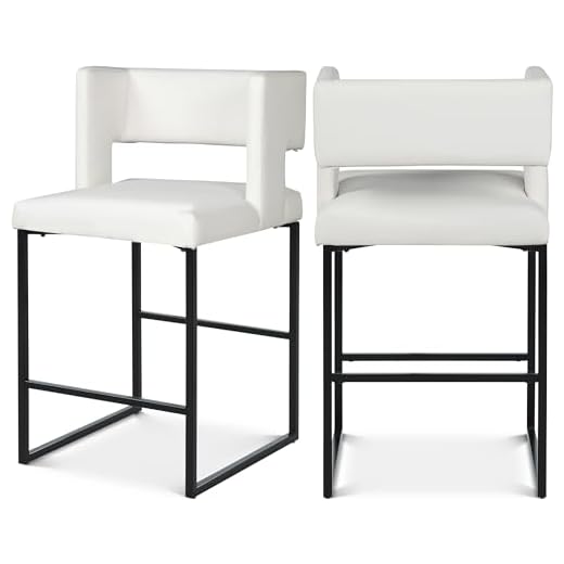 Meridian Furniture Caleb Collection Modern | Contemporary Counter Height Stool with Unique Square Back and Sturdy Iron Legs, Set of 2 White Faux Leather, 19.5" W x 20.5" D x 36" H