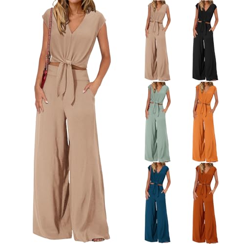 Women's Summer 2 Piece Outfits Cap Sleeve V Neck Belted Crop Tops Wide Leg Pant Sets Travel Vacation Outfits Tracksuit4