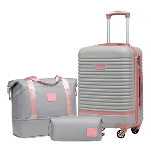 Image of Coolife Luggage Set Carry On Suitcase,3 piece, Gray Pink(DB /TB /20) | 360 Spinner Wheels;Convenient Trolley Sleeve;Water-Resistant Fabric;Fully-Lined Zipper Interior;Lightweight ABS