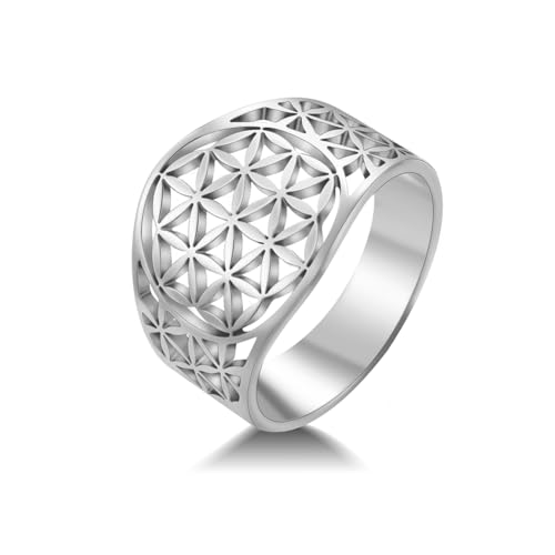 Amaxer Bague fleur de vie pour femme Mandala Géométrie sacrée Tendance Acier inoxydable creux Bague de doigt (Argent, 21mm)