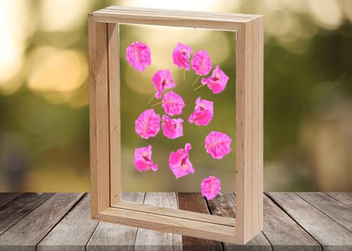 Image of Desi Rang Wooden Rectangular Frame For Wall Decor Table Top Hanging Any Green Or Dry Plant Leaf Picture Photo DIY Gift Home Decoration (Natural,Rec,7.7X5.5 Inch,With Pink Flower)