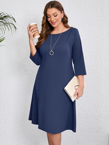 Image of AusLook Women's Plus Midi Dresses Crew Neck A Line 3 /4 Sleeves Casual Elegant Loose Wedding Vacation Dress with Pockets