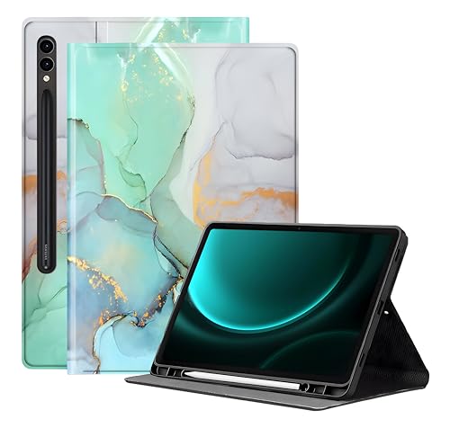 Image of ProElite Book Cover Case for Samsung Galaxy Tab S9 FE+ /S9+ /S10+ 12.4 inch Cover, Smart flip case Book Cover for Samsung Galaxy Tab S9 FE Plus /S9 Plus /S10 Plus 12.4 inch with Pen Holder, Marble Green