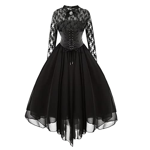 Robe d'été à manches longues pour femme - Style médiéval gothique - En mousseline de soie - Pour rendez-vous galant, soirée - Pour femme, Noir , S