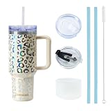 Jormungand Vaso de 40 onzas con asa y pajilla, botella de agua de acero inoxidable aislada al vacío para bebidas calientes o frías, taza de café con tapa de popote a prueba de fugas, tapa deslizante,