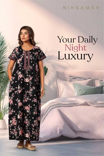Image of NIHSAMAH Cotton Nighty for Women with Pocket, Premium Printed Long Nighty | Comfortable & Fancy Sleepwear /Nightwear