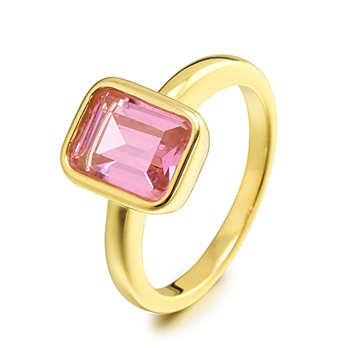Rizilia CELEBOX Solitario Compromiso Anillo con Corte Esmeralda Piedras Preciosas Circonita CZ [Zafiro Rosa] en 18K Chapado en Oro Amarillo, Celebridad Inspirada en Angelina Jolie