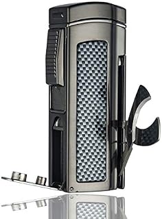 PROMISE Windproof Cigar Lighters Metal Torch Butane Lighter 4 Jet Red Flame Refillable Cigar Lighter with Two Punch and Cigar Scissors (Gunmetal-E)