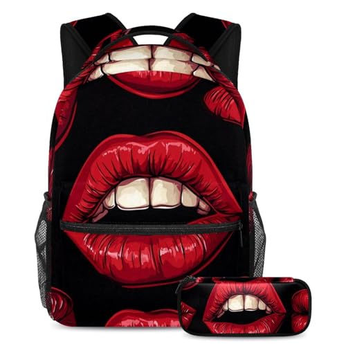 Lot de 2 cartables de grande capacité Vintage Art Red Lips sac à dos étudiant et trousse