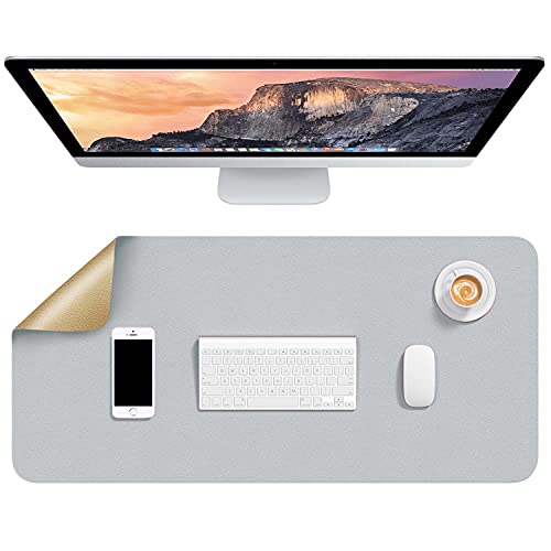 Hsurbtra Desk Pad, 80 x 40 cm Dual Side PU Leather Large Mouse Pad, Desk Protector, Desk Mat for Desktop, Cute Desk Accessories for Women Office, Desk Supplies for Keyboard and Mouse, Gold & Grey