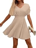 SweatyRocks Damen Kleid Elegant Sommerkleid A Linie Plissee Tunikakleid Kurz Business Partykleid mit Puffärmel Faltenkleid Abendkleid Khaki L